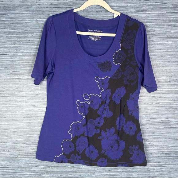 Sport Solutions by Soma Purple Black V Neck Workout Shirt with Flower Medium - Picture 1 of 4